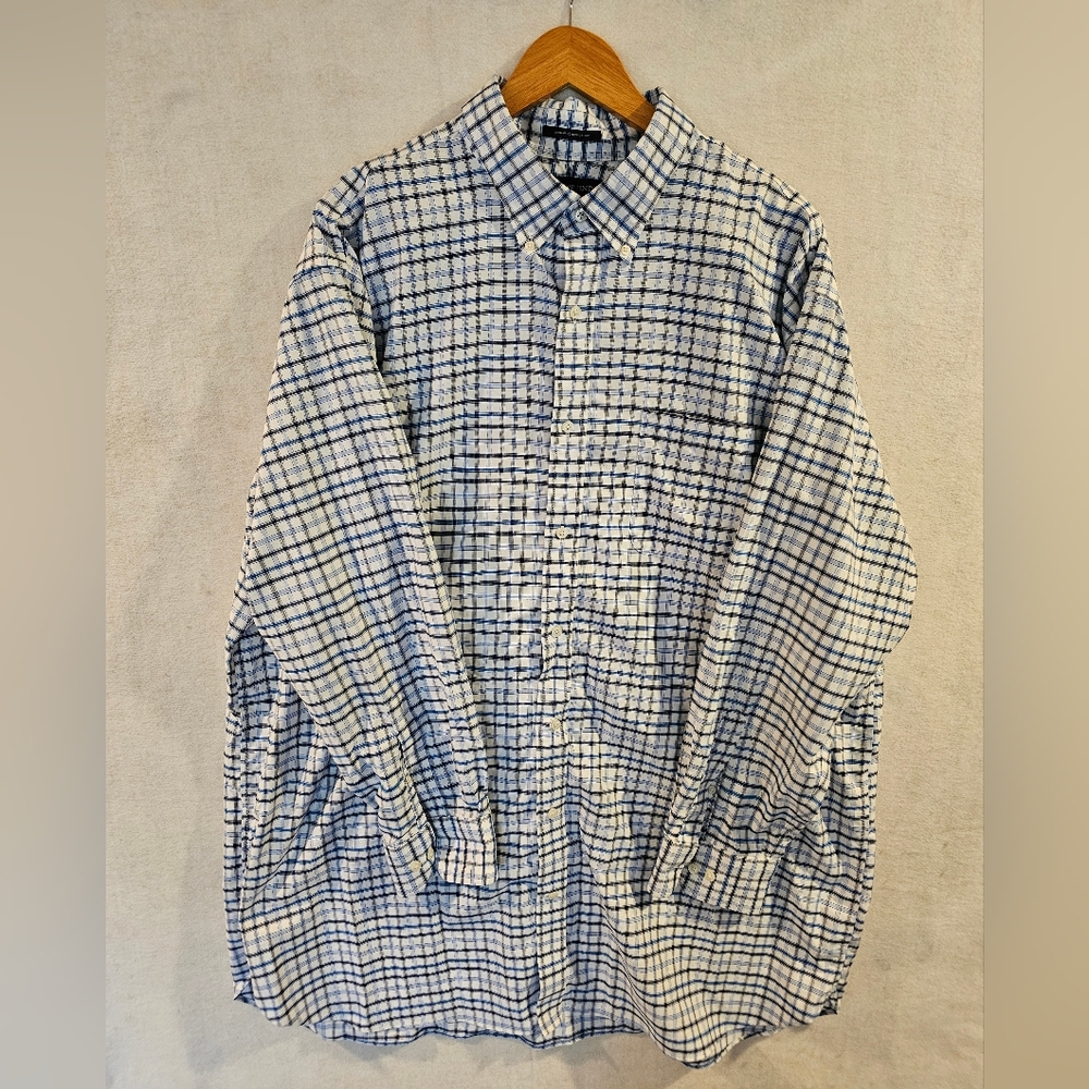 Lands' End Men's Blue Black Check Long Sleeve Shirt Size 19-36 Tall
